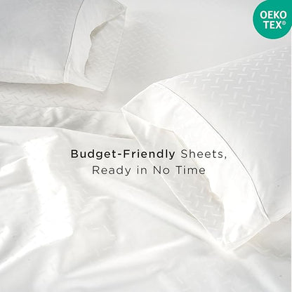 Threadmill Cotton Full Size Sheet Set | 100% Cotton Sheets for Full Size Bed | Damask Jacquard Full Bed Sheets Set with 16” Deep Pocket | Soft Sateen Weave 4-Piece Cooling Bedding Set | White