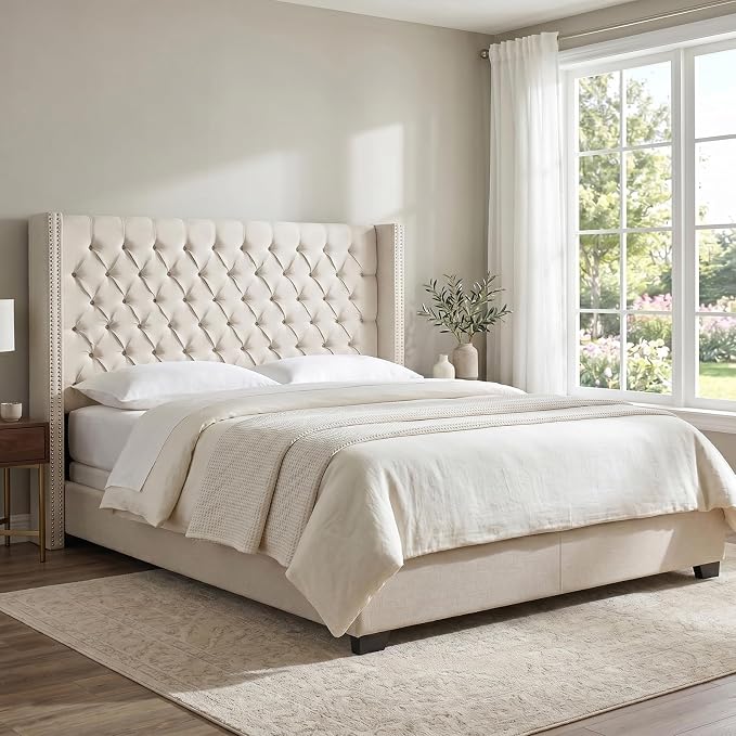 Madison Park Amelia Upholstered Headboard | Nail Head Trim Wingback Button Tufted | Queen, Cream