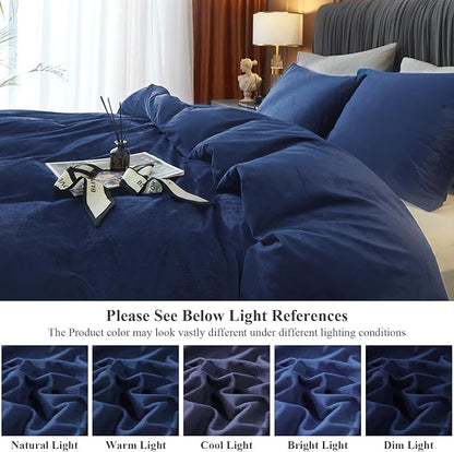 Ivellow Velvet Duvet Cover King Size 3 Pcs Flannel Navy Blue Duvet Cover King Velvet Comforter Cover Bedding Set Ultra Soft Cozy Solid Luxury Velour Duvet Cover Set Zipper Closure Corner Ties