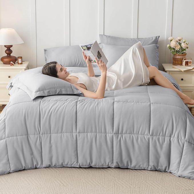 JOLLYVOGUE California King Comforter Set, Ultra-Soft Bed in a Bag Cal King Size 7 Pieces, Oeko-TEX Certified Bedding Set with Down Alternative Comforter, Sheets, Pillowcases & Shams, Light Grey