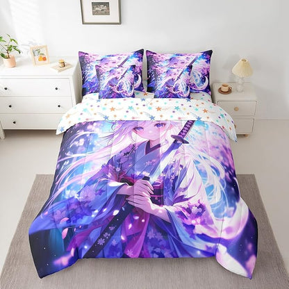 Erosebridal 7 Piece Anime Girl Twin Comforter Sets for Kids, Kawaii Japanese Anime Bedding Set Cartoon Girl Bed in A Bag Sci Fi Style Japanese Animation Sheet Set for Kids Girls Teens Bedroom