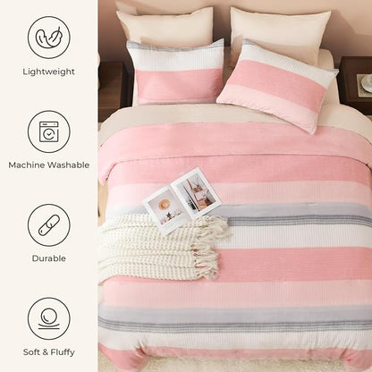 Litanika Fluffy Fleece Twin Comforter Set, Luxury Soft Plush Fuzzy Blush Stripe Bedding Comforter Sets, Warm Shaggy Faux Fur Bed Set All Season (1 Comforter, 1 Pillowcase)