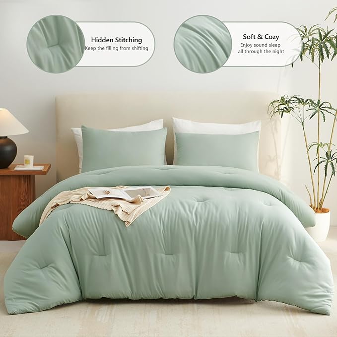 CozyLux Full Size Comforter Set Sage Green, 3 Pieces Solid Breathable Quilted Bedding Sets, Luxury Lightweight Soft Bed Set with Down Alternative Comforter and 2 Pillowcases for All Seasons
