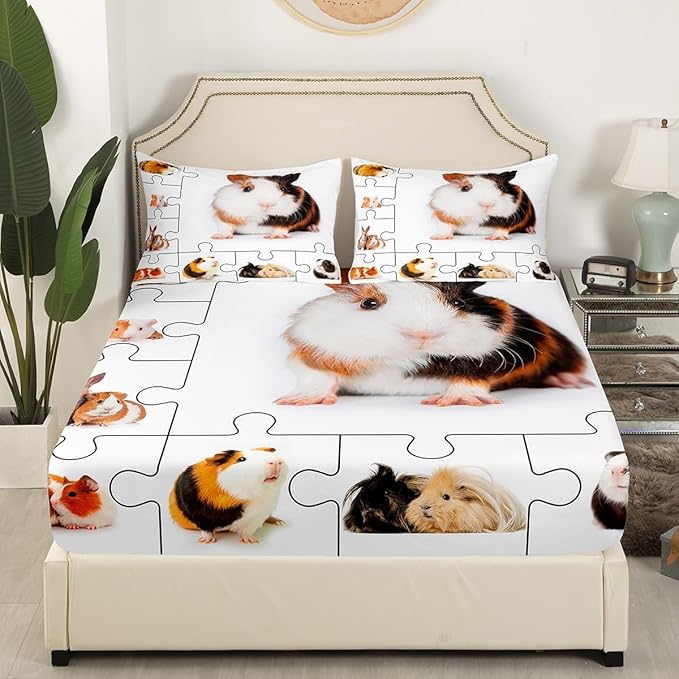 Guinea Pig Bed Sheet Set Twin Size,Lovely Animals 3D Cavy Sheet Set Kids Teens,Cute Guinea Pigs Pet Bedding Decor Set with 1 Flat & 1 Fitted Sheet with 1 Pillow Sham