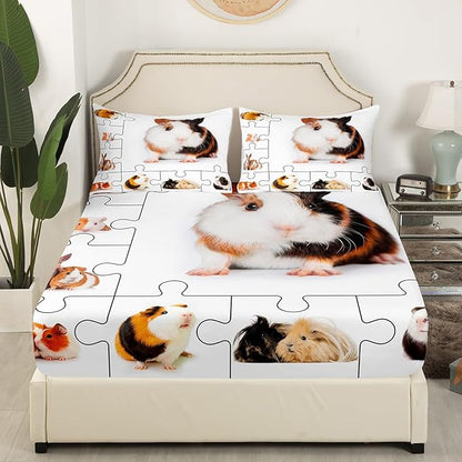 Guinea Pig Bed Sheet Queen Set,Lovely Animals 3D Cavy Sheets Sets Boys Girls Bedroom Decor,Cute Guinea Pigs Pet Bedding Set with Flat,Fitted Sheet,2 Pillow Cases