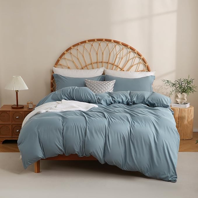 JSD Dusty Blue Duvet Cover Set Queen Size, 3 Piece Duvet Cover with Pillow Shams, Soft Brushed Microfiber Zipper Closure, Comforter Not Included