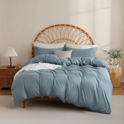 JSD Dusty Blue Duvet Cover Set Queen Size, 3 Piece Duvet Cover with Pillow Shams, Soft Brushed Microfiber Zipper Closure, Comforter Not Included