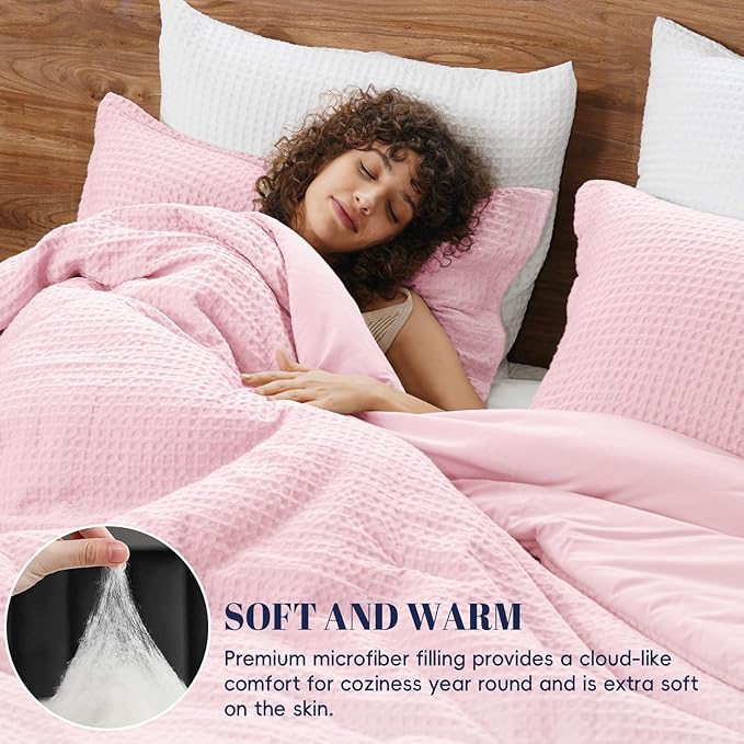PHF Ultra Soft Waffle Weave Comforter Set King Size, 3 Pieces Lightweight Breathable Comfy Bedding Set, Comfy Textured 1 Comforter with 2 Pillow Shams, Pink