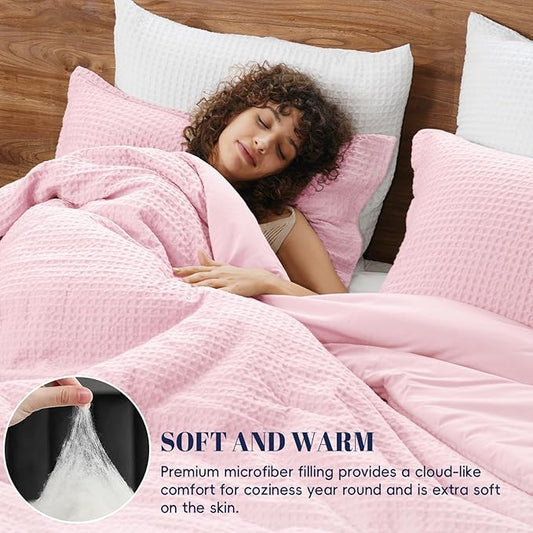 PHF Ultra Soft Waffle Weave Comforter Set King Size, 3 Pieces Lightweight Breathable Comfy Bedding Set, Comfy Textured 1 Comforter with 2 Pillow Shams, Pink
