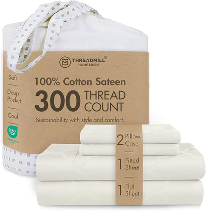 Threadmill Cotton Queen Sheet Set - 100% Cotton Damask Jacquard Sheets With 16" Deep Pocket - Soft Sateen Weave 4-Piece Cooling Bedding for Queen Size Bed - Ivory