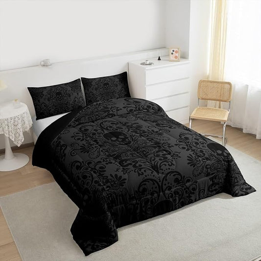 Feelyou Adults Gothic Skull Bedding Set Full Size Kids Damask Print Comforter Goth Bohemian Duvet Breathable Soft Lightweight Microfiber Dark Olive Green Room Decor with 2 Pillowcases
