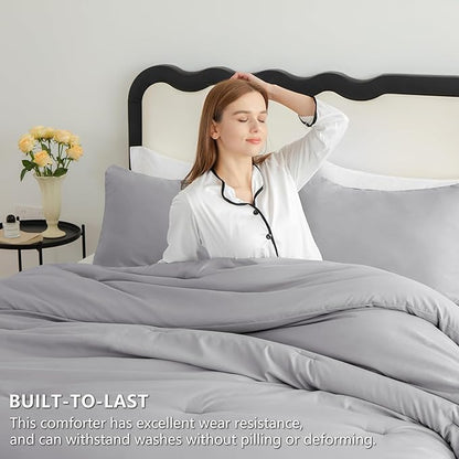 CozyLux King Size Comforter Set Grey, 3 Pieces Solid Comforters King Size Breathable Quilted Bedding Sets, Gray Luxury Soft Lightweight Bed Set with Down Alternative Comforter and 2 Pillowcases
