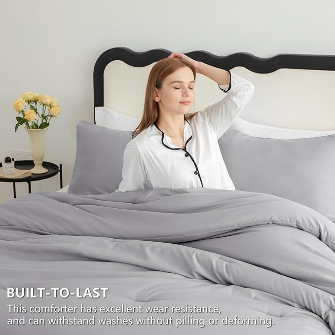 CozyLux Queen Comforter Set Grey, 3 Pieces Solid Comforters Queen Size Breathable Bedding Sets, Gray Luxury Soft Lightweight Bed Set with Down Alternative Comforter and 2 Pillowcases for All Seasons