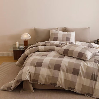 Cottonight Checkered Khaki Comforter Set Full Gingham Grid Bedding Set Khaki and Cream Coffee Grid Comforter Fluffy Soft Bedding Set Kids Teens Full Comforter with 2 Pillowcases