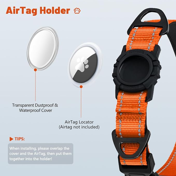 Taglory AirTag Dog Collar with Waterproof Holder for Small Dogs, Orange, S | Reflective for Night Walks & Low-Light Safety, Track Your Pup Peace of Mind, Adjustable Soft Padded, No More Dangling Tags