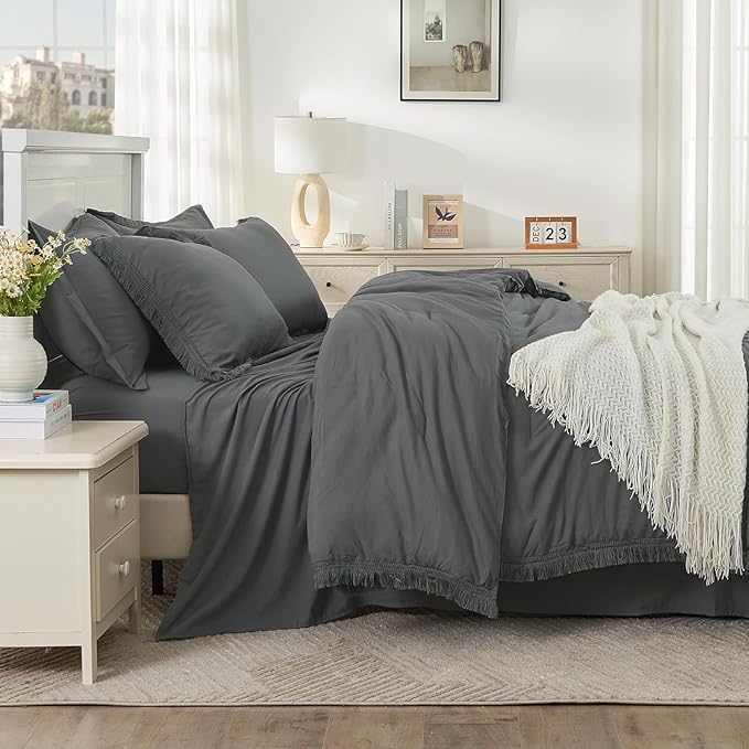 Andency Oversized King Comforter Set Dark Grey 120x98-7 Pieces Boho Tassel Bed in a Bag Soft Lightweight Bedding Sets, Fringe All Season Bed Set with Comforter, Sheets, Pillowcases & Shams