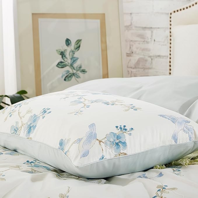 WINLIFE 100% Cotton Pillowcases Queen Size Blue Floral & Birds Printed Pillow Cover 2 Pack, Super Soft Envelope Closure Queen Pillow Case Set (Queen, 20"x30")