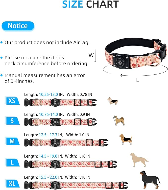 Upgrade Dog Collar with AirTag Holder, IP68 Waterproof, Peach Blossom, M | Built-in Water Resistant AirTag holder, 1000D Nylon, Reflective Stitching for Night Visibility, Soft padding for Comfort