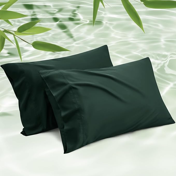 Bedsure King Size Pillow Cases Set of 2, Cooling Pillow Cases, Rayon Derived from Bamboo Forest Green Pillowcases, PureWoven Silky Soft Bedding Pillow Covers with Envelope Closure, 20x36 Inches
