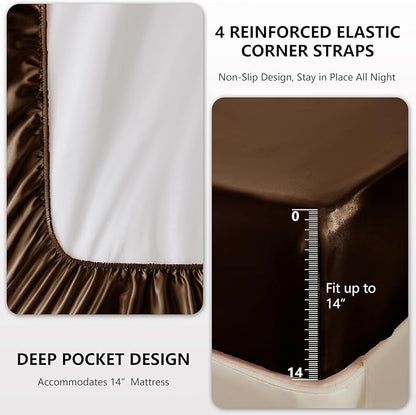 CozyLux Satin Sheets Full Size Sheets - 6 Piece Silky Full Size Bed Sheets, Luxury Brown Full Bed Set with Smooth and Soft Microfiber, Includes 1 Fitted Sheet, 1 Flat Sheet and 4 Pillowcases