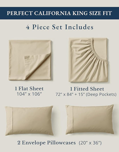 LANE LINEN 100% Organic Cotton Fully Elasticized California King Sheet Set, Low Pilling Fade Resistant Machine Washable Naturally Cooling Cal King Bedding Set, Soft & Comfy Cotton Sheets – Linen