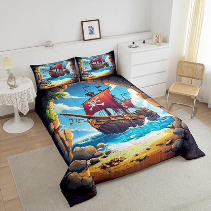 Castle Fairy Pirate Boat Comforter Set Queen Size for Kids Boys Girls Navigation Treasure Adventure Bedding Sets All Season Gothic Sugar Skull Quilt Set Bedroom Decor Nautical Down Comforter,3Pcs