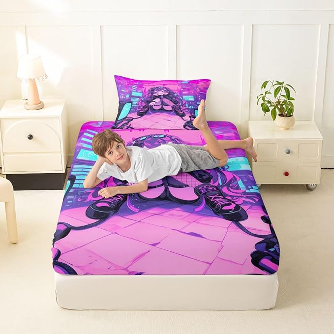 Erosebridal Fashion Girls Twin Bed Sheets Japanese Girl Fitted Sheet,Girly 3D Gaming Kids Bedding Sets Fashion Pink Coquette Sheets with 1 Pillowcase