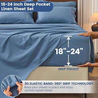 Bedlifes 100% French Linen Sheets King Size 18-24" Extra Deep Pocket 4-Piece Set Breathable & Moisture-Wicking,Soft & Durable Sheets for Thick Mattresses(Flint Blue)