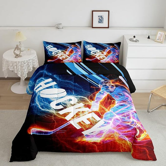 Ice Hockey Comforter Set Full, Puck Hockey Player Bedding Sets for Kids Boys Girls Teens, Red Blue Lightening Duvet Insert, Winter Sports Game Down Comforter Bedroom Decor for All Season, 3 Pieces