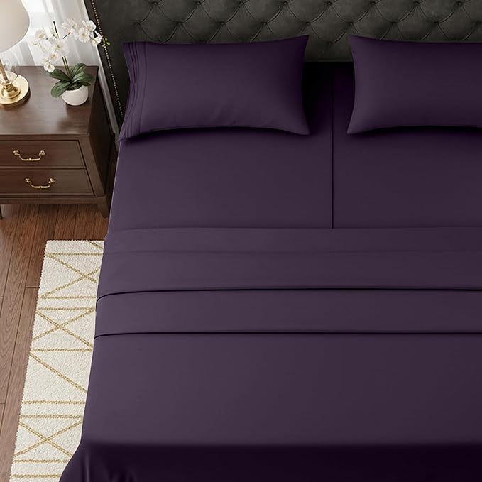 Elegant Comfort Luxurious 1500 Premium Hotel Quality Microfiber Three Line Embroidered Softest 5-Piece Bed Sheet Set, Wrinkle and Fade Resistant, Split King, Eggplant-Purple
