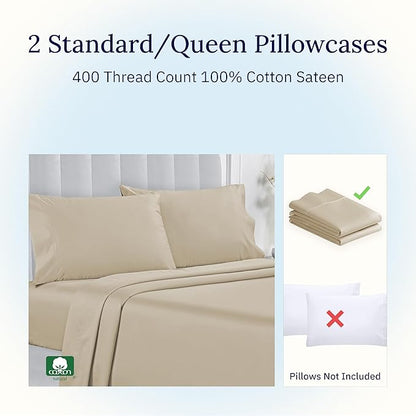 California Design Den Standard/Queen Size Pillowcase Set - 400 Thread Count Pillowcases, 100% Cotton Sateen, Set of 2 Pillow Covers, Soft and Breathable - Beige (Golden Tone)