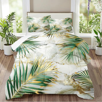 Green Palm Leaf Comforter King Tropical Palm Leaves Comforter Sets Chic Botanical Leaf on White Gold Marble Comforter Set Aesthetic Art Bed Comforter with 2 Pillowcases