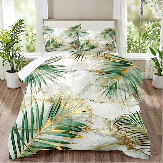 Green Palm Leaf Comforter King Tropical Palm Leaves Comforter Sets Chic Botanical Leaf on White Gold Marble Comforter Set Aesthetic Art Bed Comforter with 2 Pillowcases