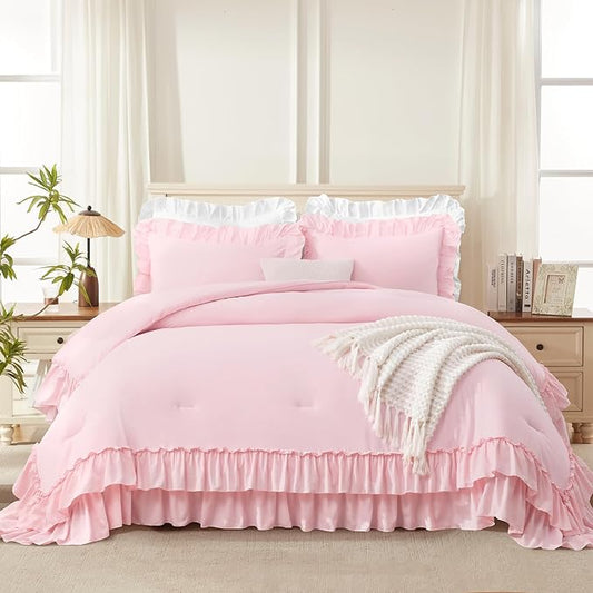 Andency Super King Plus Ruffle Comforter Set, 3 Pieces Cute Farmhouse Shabby Chic Bedding Set, Soft Lightweight Ruffled Oversized California King Comforter 128x120 (1 Comforter 2 Pillowcases), Pink