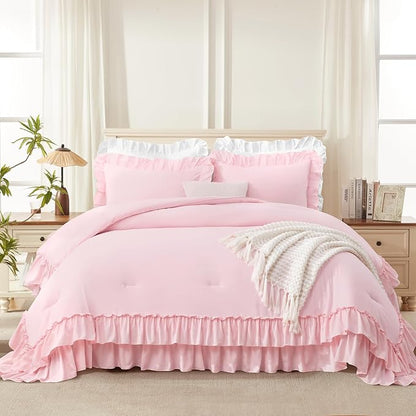 Andency Pink Ruffle Comforter Set King, Shabby Chic Farmhouse Bedding Comforter, Soft Lightweight Fluffy Polyester Bet Set All Season 3 Pieces Solid Comforter Set