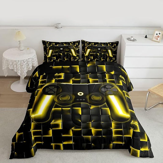 Erosebridal Geometric Gamepad Bed Comforter Set Gaming Bedding Sets Gamer Comforter Sets Full Size for Kids Boys Teen,Black Gold Neon Lights Game Console Quilt Duvet 1 Comforter with 2 Pillow Cases