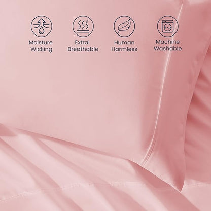 SLEEP ZONE Nanotex Super Soft Cooling Twin Bed Sheets Set for Kids 3 Piece - Easy Care Fitted Flat Sheet & Pillowcase Sets - Wrinkle Free, Fade Resistant, Deep Pocket 16" (Ballet Pink, Twin)