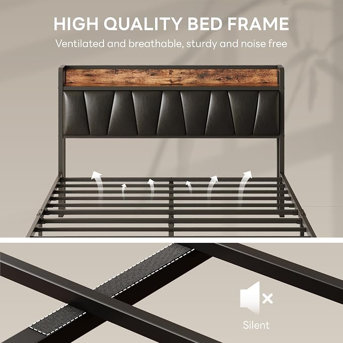 LIKIMIO Full Size Bed Frame, Storage Headboard with Charging Station, Solid and Stable, Noise Free, No Box Spring Needed, Easy Assembly (Vintage and Black)