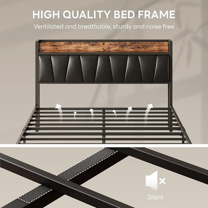LIKIMIO Full Size Bed Frame, Storage Headboard with Charging Station, Solid and Stable, Noise Free, No Box Spring Needed, Easy Assembly (Vintage and Black)