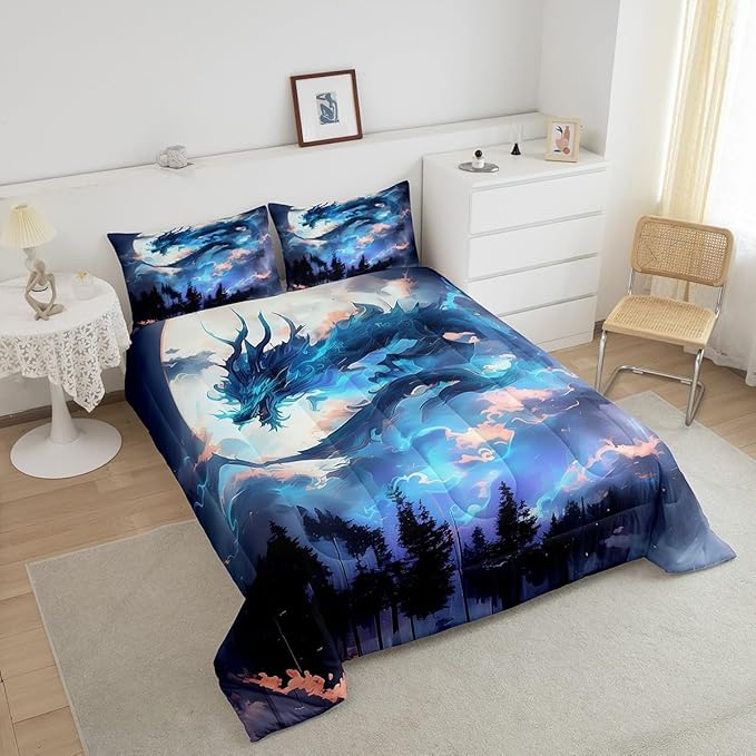 Dragon Comforter Set Queen Size,Moon Starry Sky Volcano Lightning Bedding Set,Kids Boys Girls Room Decor Blue Western Magical Animals Quilt Set Trippy Style Wildlife Theme Duvet Insert,2 Pillowcases