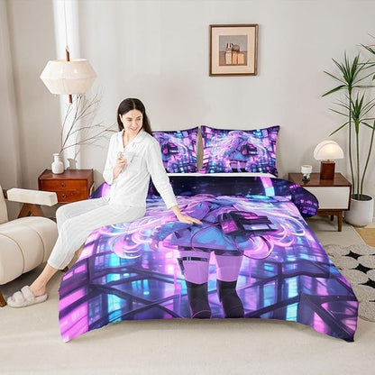 Erosebridal Japanese Girl Bedding Set Girly Anime Full Down Comforter for Kids,Sci Fi Style Gaming Comforter Set Room Decor 3 Pcs,3D Cartoon Anime Girl Duvet Insert 2 Pillow Cases