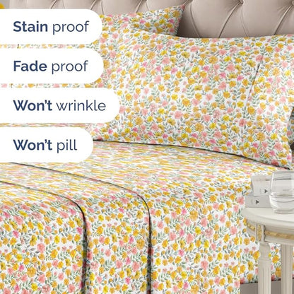 Floral Sheets - Watercolor Floral Bed Sheet Set - 1 Flat, 1 Fitted & 2 Pillowcases w/ Deep Pockets - Comfy, Wrinkle & Fade Free Boho Botanical Bedding - Soft, Breathable and Cooling - Full Size New