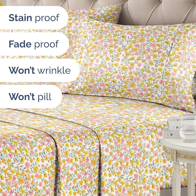Floral Sheets - Watercolor Floral Bed Sheet Set - 1 Flat, 1 Fitted & 2 Pillowcases w/ Deep Pockets - Comfy, Wrinkle & Fade Free Boho Botanical Bedding - Soft, Breathable and Cooling - Queen Size New