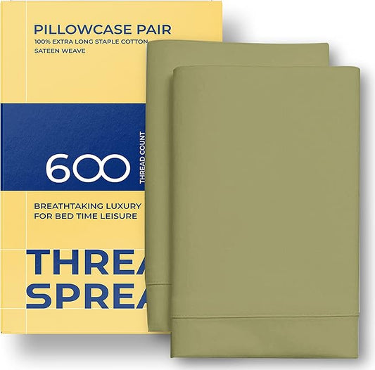 Thread Spread 600 Thread Count 100% Egyptian Cotton King Pillowcase Set of 2, Sage Green, 21" W x 40" L