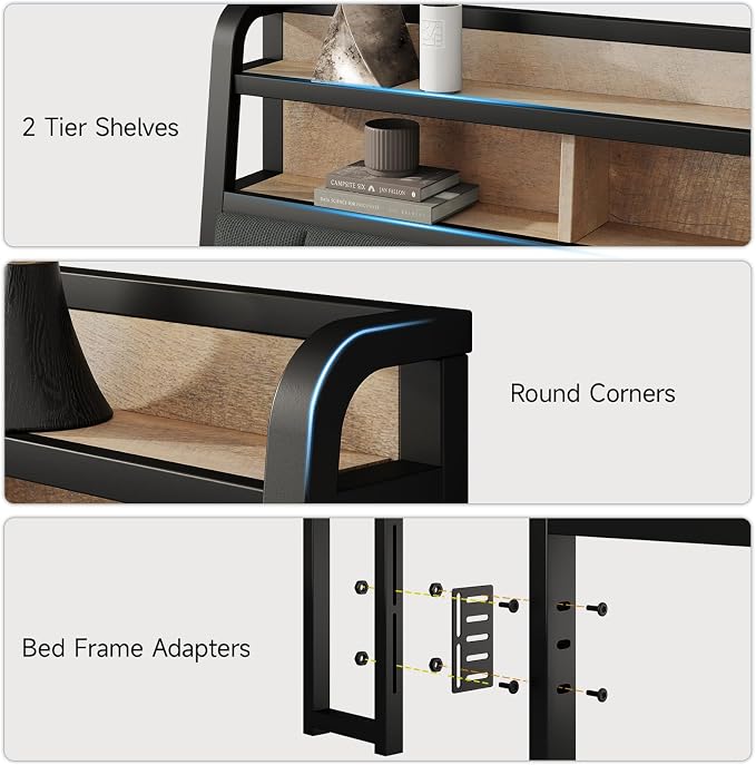 King Headboard Only with Storage, Upholstered Headboards for King Size Bed with LED Light, Charging Station, Height Adjustable, Sturdy and Stable Headboard, Black & Brown