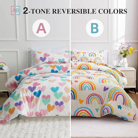 Btargot 3 Piece Kids Rainbow Comforter Set with 2 Pillow Covers, Cartoon Love Hearts Suns and Stars Bedding Set for Girls Boys Kids, Twin Beige
