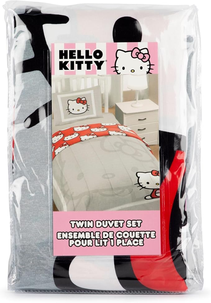 Jay Franco Duvet Cover Set – 2 Piece Comforter Cover and Sham Set, Super Soft Cozy Bedding (Insert Not Included) Grey - Hello Kitty, Twin