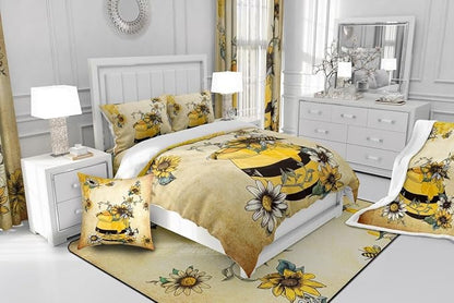 Erosebridal Yellow Bee Bedding Set,Sweet Honey Can Comforter Set for Teens Adult Women,Gerbera Floral Duvet Set 3Pcs with 2 Pillow Cases,Vintage Cartoon Microfiber Down Comforter,Queen Size