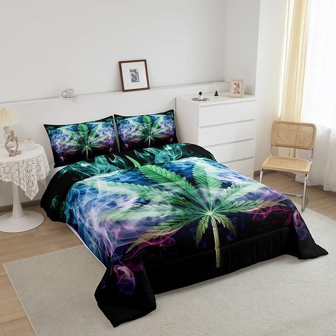 Castle Fairy Marijuana Leaf Bedding Set King Size Misty Cannabis Leaf Comforter Set for Girls Boys Teens Room Decor Wild Weed Plant Down Comforter Gothic Nature Plants Quilt Set with 2 Pillowcases