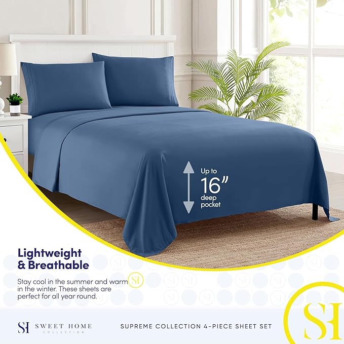 RV Queen Bed Sheets - Breathable Luxury Sheets with Full Elastic & Secure Corner Straps Built In - 1800 Supreme Collection Extra Soft Deep Pocket Bedding Set, Sheet Set, RV Short Queen, Denim